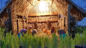 A rustic wooden nativity scene surrounded by twinkling fairy lights.
