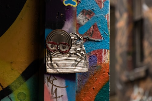 A piece of street art featuring a whimsical face made from recycled materials, including a tin can and bottle caps for eyes. Duct tape seems to hold the materials together against a vibrant graffiti-covered wall, with various colors and abstract patterns.