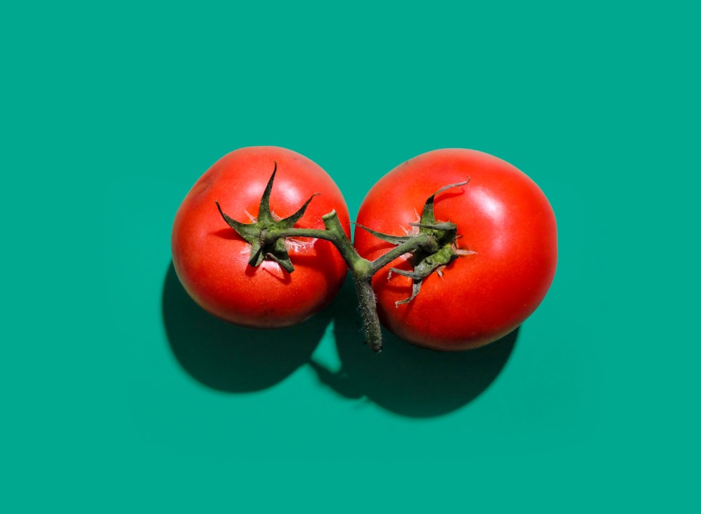 dois tomates vermelhos no fundo verde