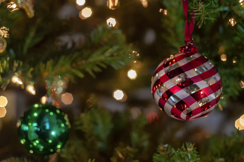 selective focus photography of baubles on green tree