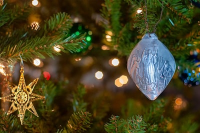 selective focus photography of ornaments hanged on green pine tree wise men teams background