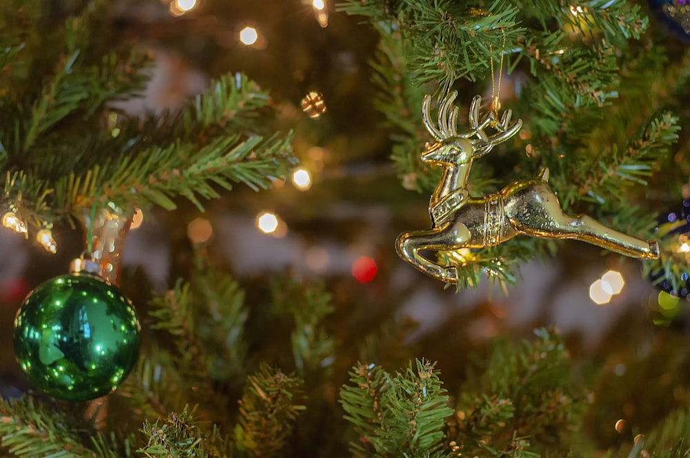 selective focus photography of baubles and deer ornament hanged on tree