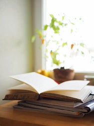 A stack of published academic journals and articles on a wooden table.