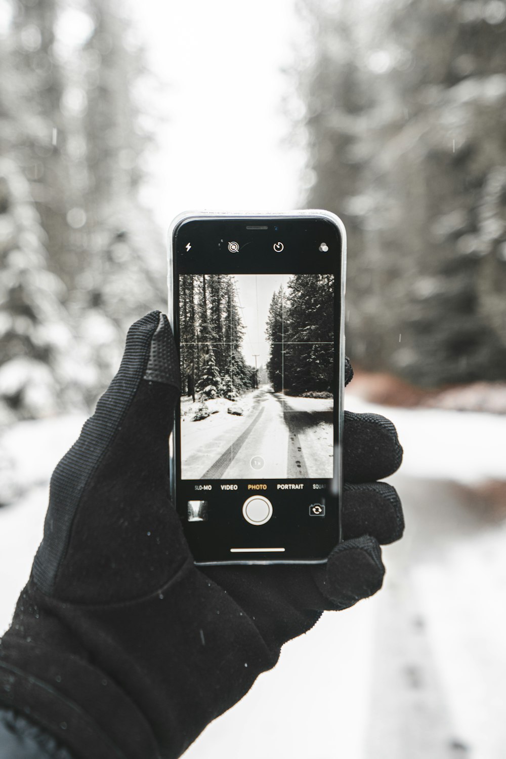 person taking picture of snowy way