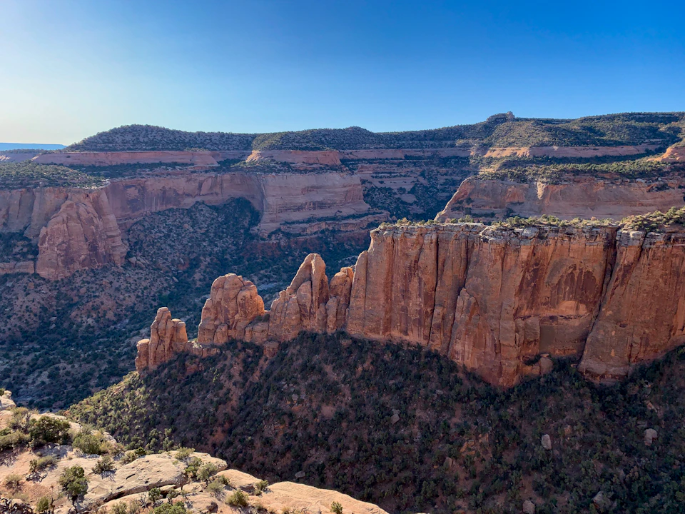 Towering red rock formations dominate a vast, sprawling canyon landscape with lush vegetation