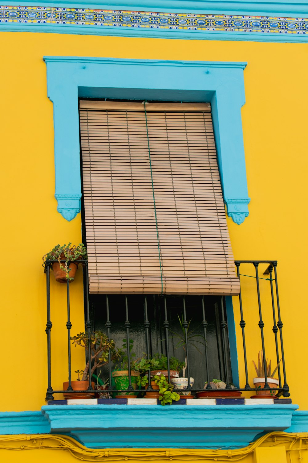 a yellow building with a blue window and a planter