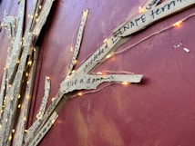The image contains several strips of cardboard with handwritten text attached to a red wooden surface. Tiny fairy lights are interwoven around these strips, giving a warm glow to the scene. The text on the cardboard includes phrases like 'give a damn' and 'unceded LENAPE territory.'