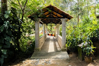 A beautifully crafted covered walkway with decorative columns stands amidst lush greenery. Sunlight filters through the foliage, casting a gentle pattern of light and shadow on the pathway. The serene environment suggests a peaceful retreat surrounded by nature.