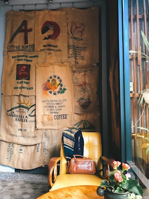 a room with a lot of bags hanging on the wall