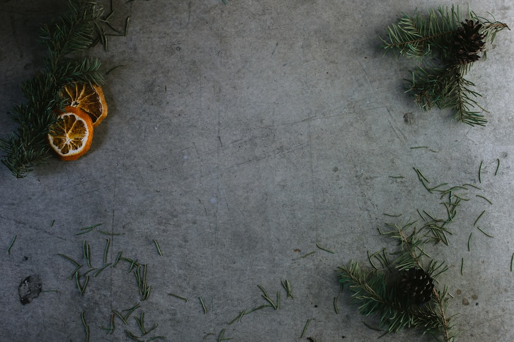 an orange sitting on top of a cement floor next to pine cones