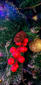 Small tabletop Christmas tree decorated with red berries and pine cones