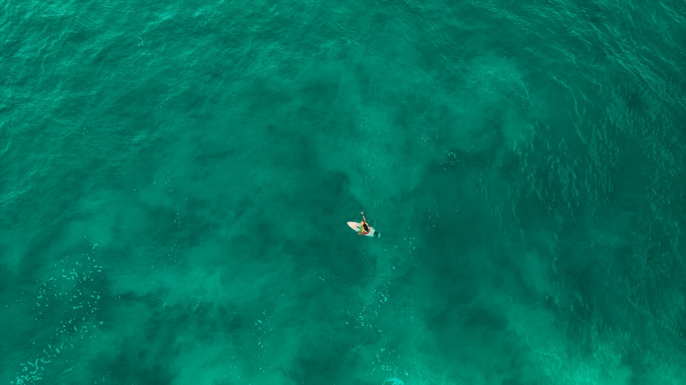 uma pessoa montando uma prancha de surf no meio do oceano