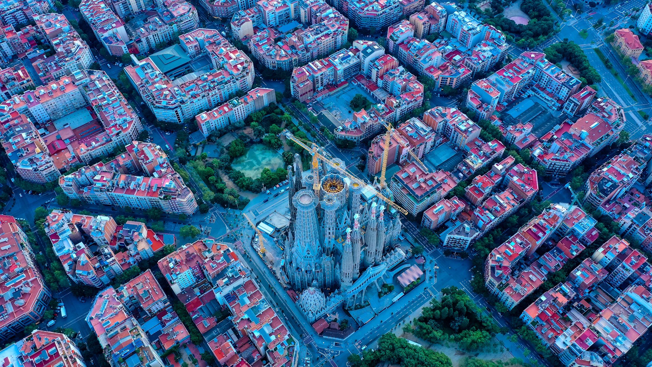 Barcelona from above with the Sagrada Familia and the Eixample grid