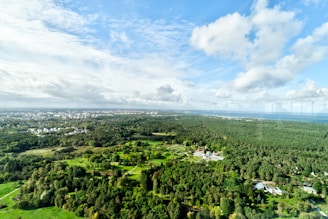 Aerial view of expansive land ready for development, surrounded by lush greenery.