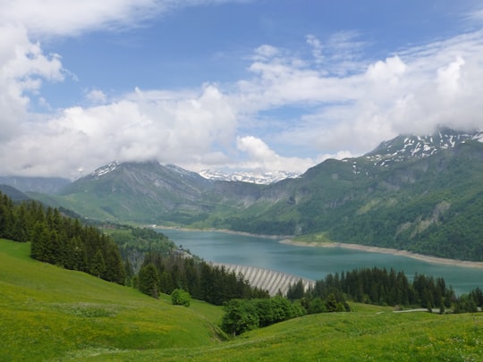 wide angle photo of lake in Barrage de Roselend France