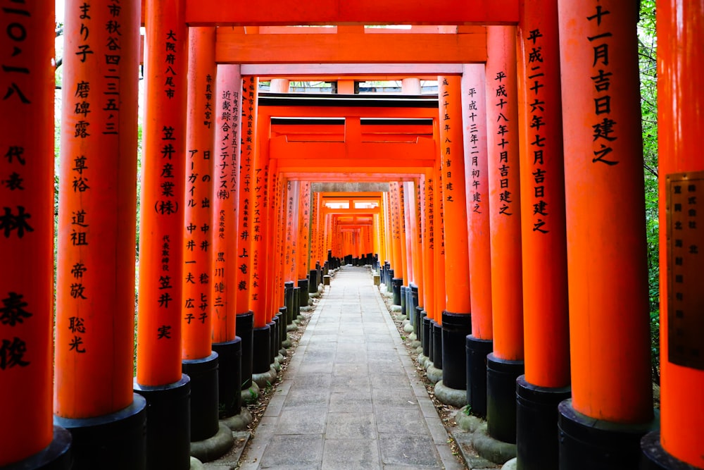 empty hallway under red and black arch