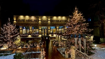 A warmly lit cafe building at night, with illuminated signage and festive string lights on trees flanking the entrance. Brick walls and large windows showcase a cozy atmosphere inside, and the ground is covered with a light dusting of snow.