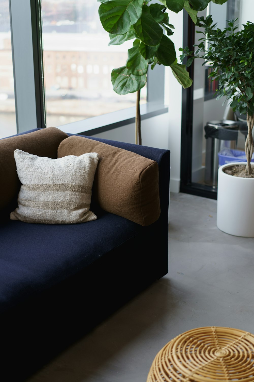 white and brown throw pillow on sofa