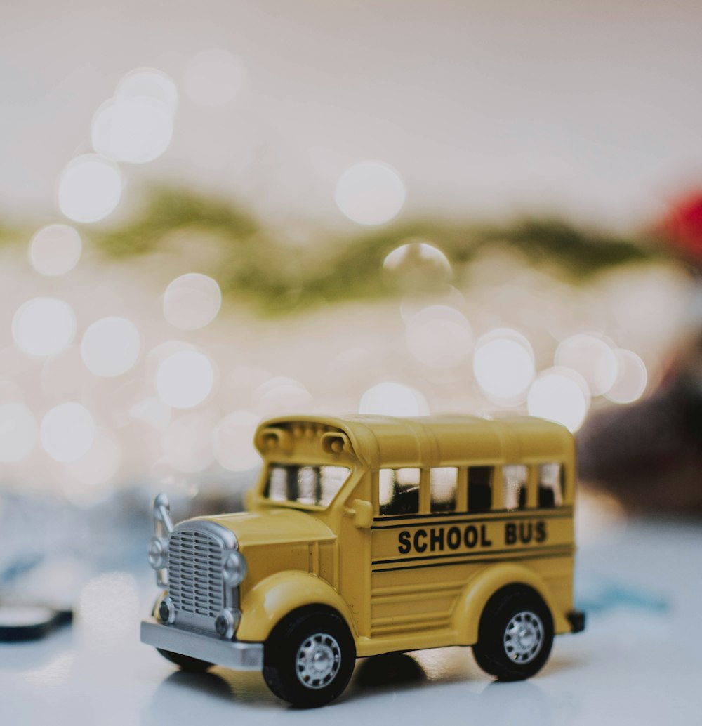 closeup photo of school bus scale model