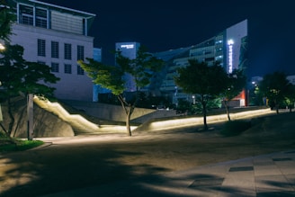 An urban setting at night features modern architecture with illuminated pathways and sleek building designs. Trees and landscaped areas are interspersed throughout the scene, providing a serene contrast to the contemporary structures. Soft lighting accentuates the geometric lines and architectural details.