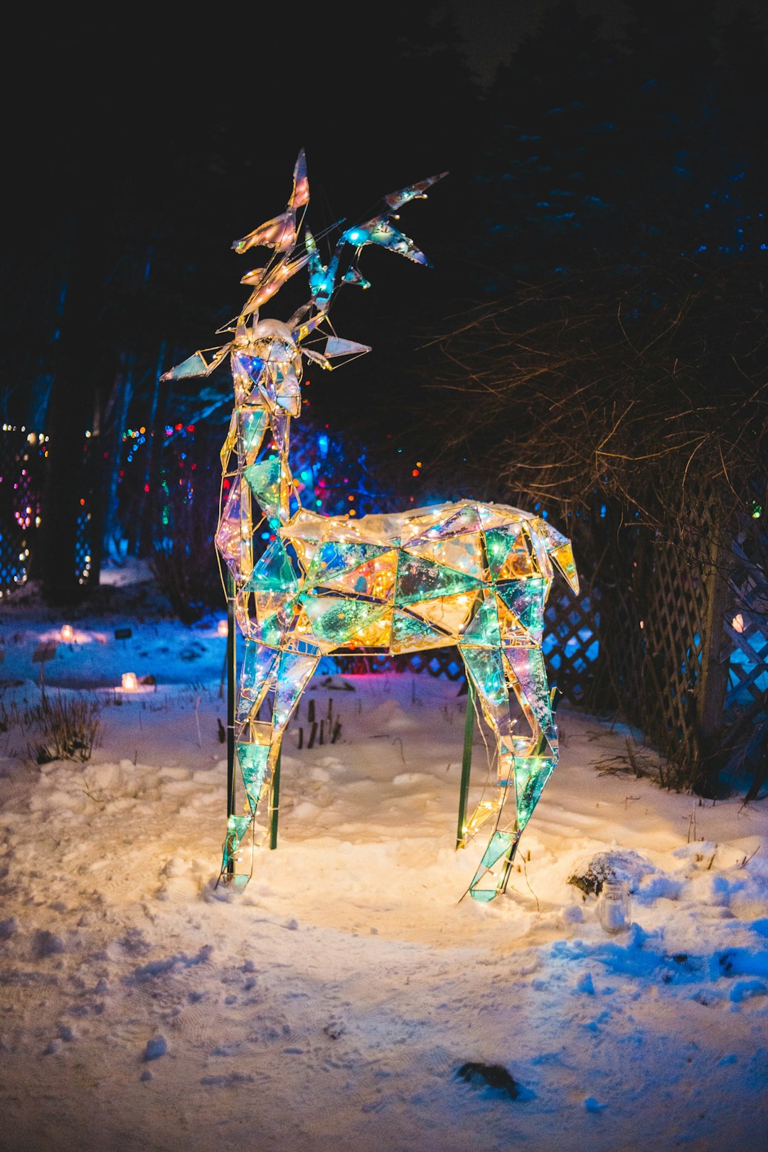 lighted deer ornament on snow at night