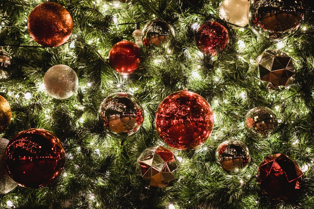 red and yellow bauble ball on the christmas tree,