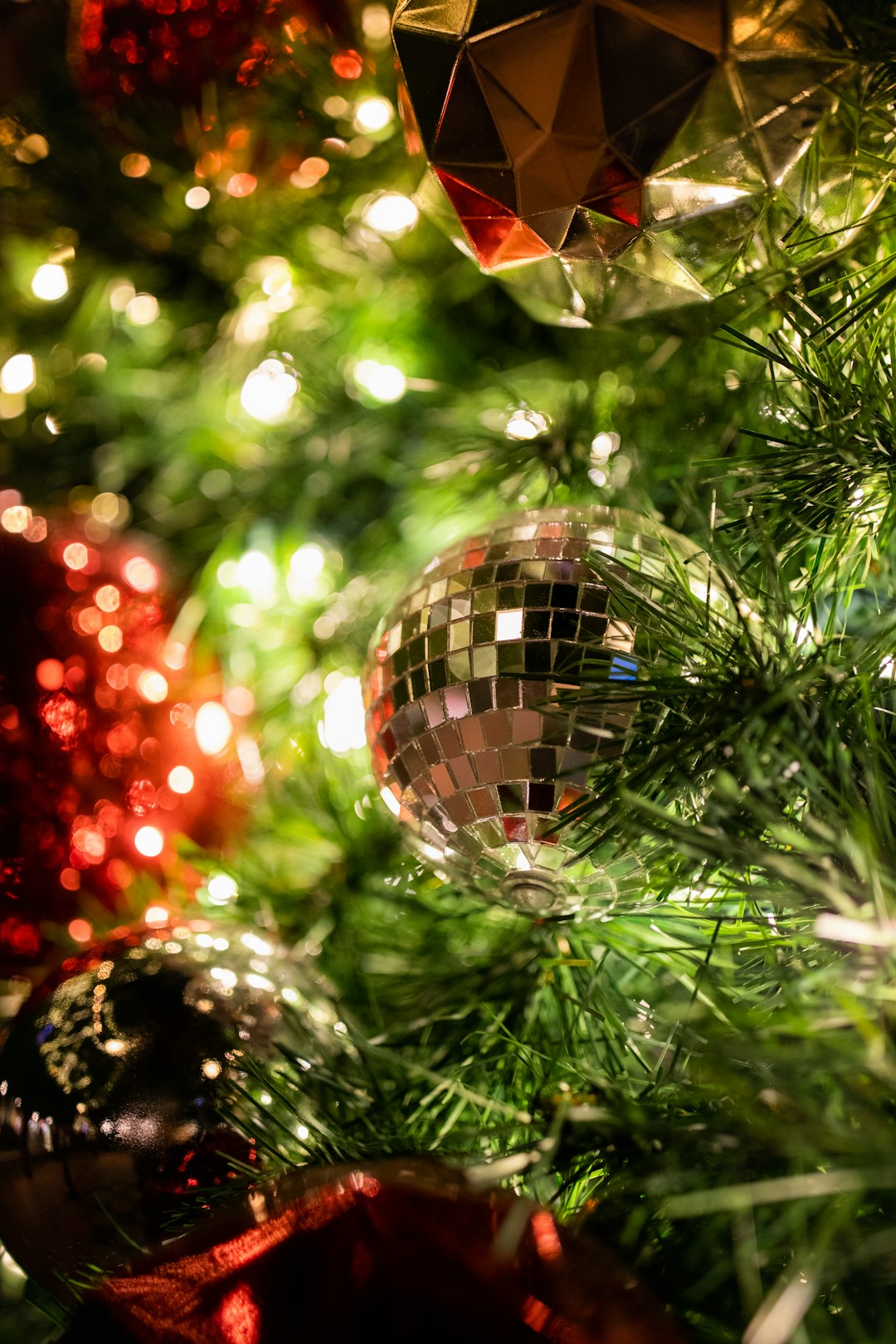 silver bauble ball on the christmas tree