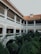 A two-story building with white walls, green railings, and red-tiled roofs surrounds a courtyard filled with lush green palm trees. The upper level features a series of archways and columns, and windows are equipped with beige shutters.