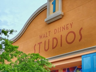 A section of a building showcasing a large sign that reads 'Walt Disney Studios'. The architectural design features a curved, decorative top and a number '1' displayed in a blue square. To the left, a tree branch with green leaves contrasts against the building's warm tan color.