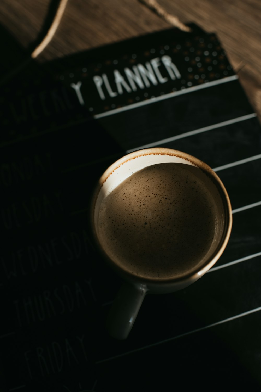 coffee mug on top of planner