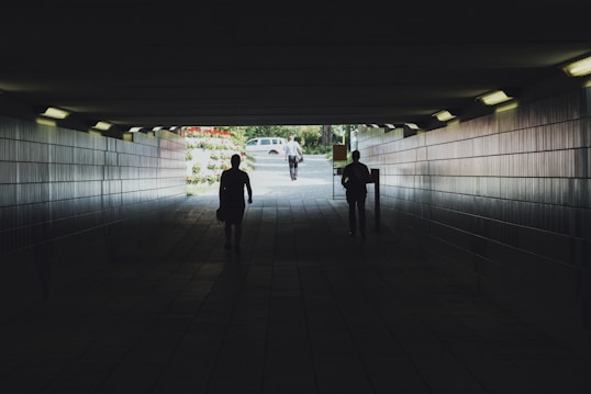 Silhouetted figures are walking through an underpass with tile walls, towards a bright outdoor area. The scene conveys a transition from darkness to light, suggesting a journey or movement.