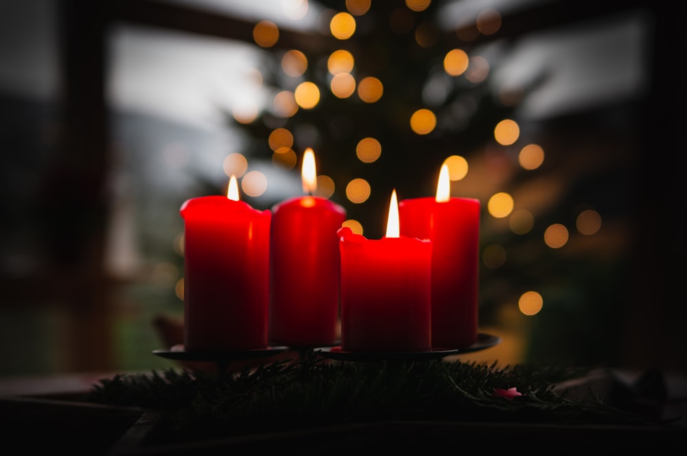 Foto mit flachem Fokus von vier rot brennenden Kerzen
