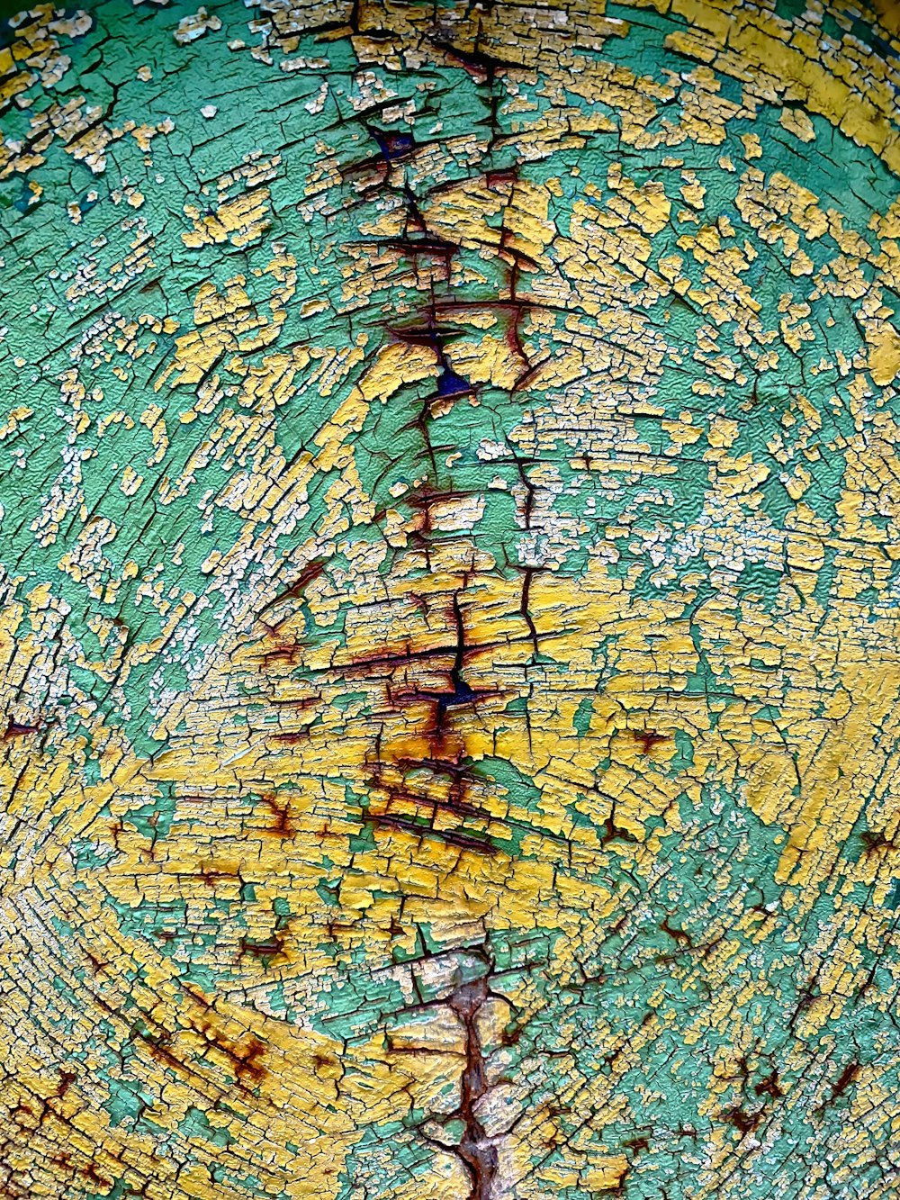 a close up of a piece of wood with yellow and green paint