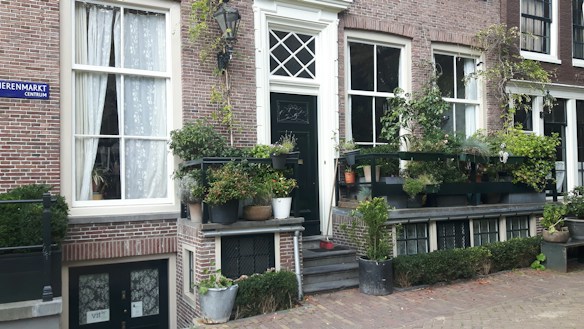 A charming brick building facade with large windows adorned with white curtains. An array of potted plants is arranged on a ledge by the entrance, creating a lush, green atmosphere. The street sign identifies the location as Herenmarkt Centrum. A classic street lamp is mounted above the entrance.