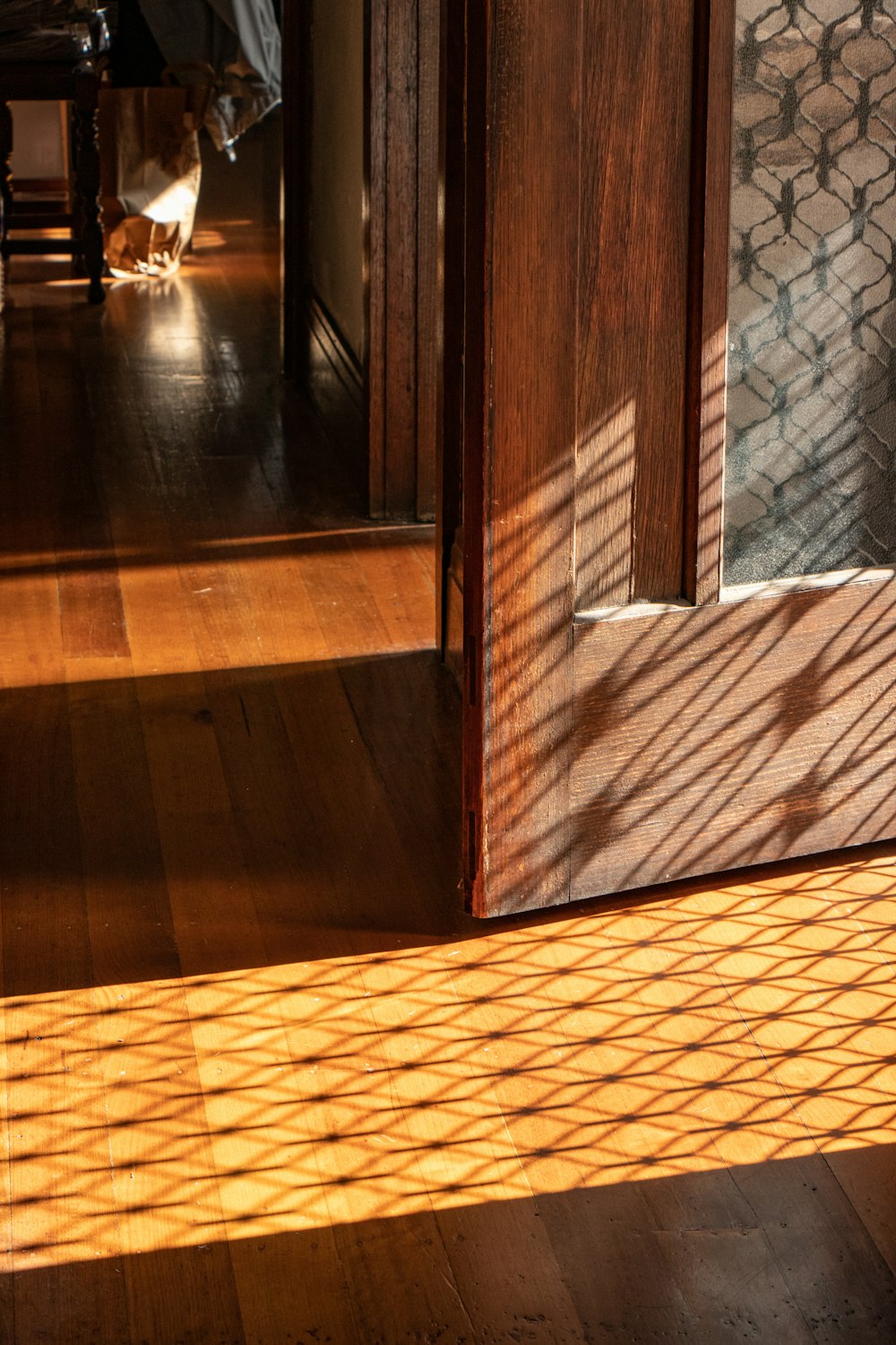 a cat sitting on a wooden floor next to a door