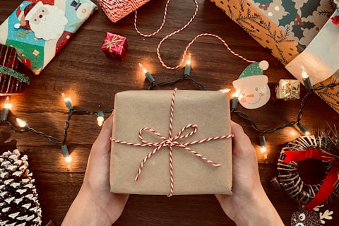 person holding brown box