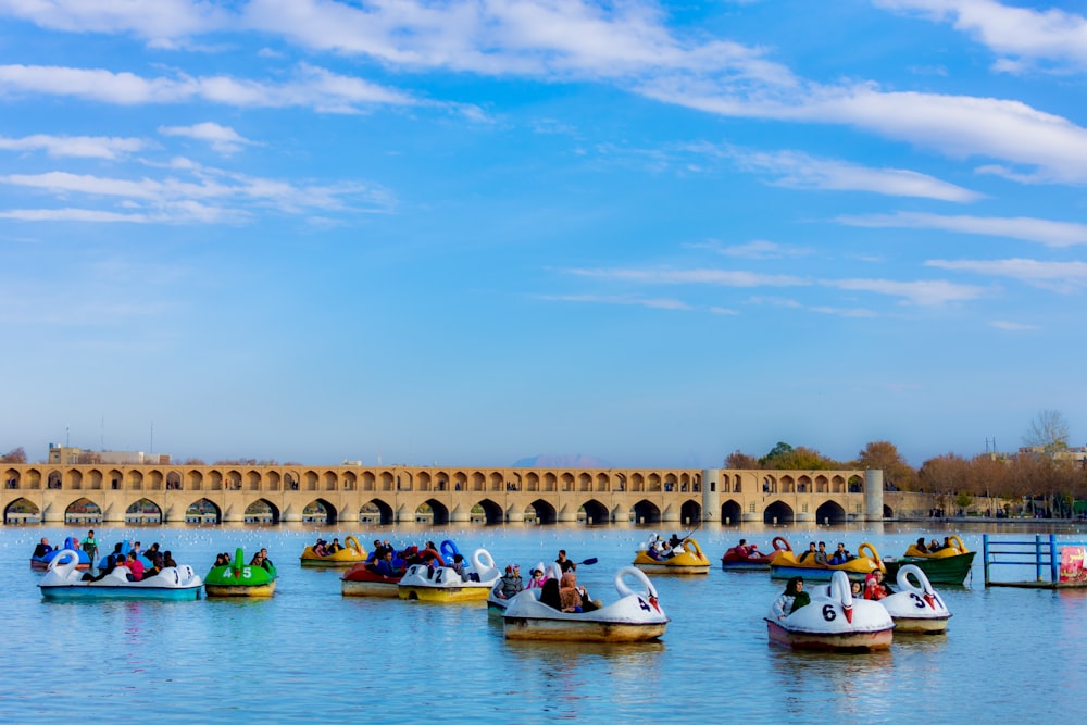 photography of people playing on ride-on boats toy during daytime