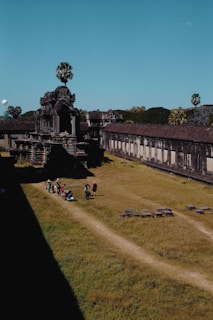 An ancient stone temple surrounded by grassy areas and palm trees. The architecture features intricate carvings and tall structures. A group of people, possibly tourists, walks along a path leading towards the temple.