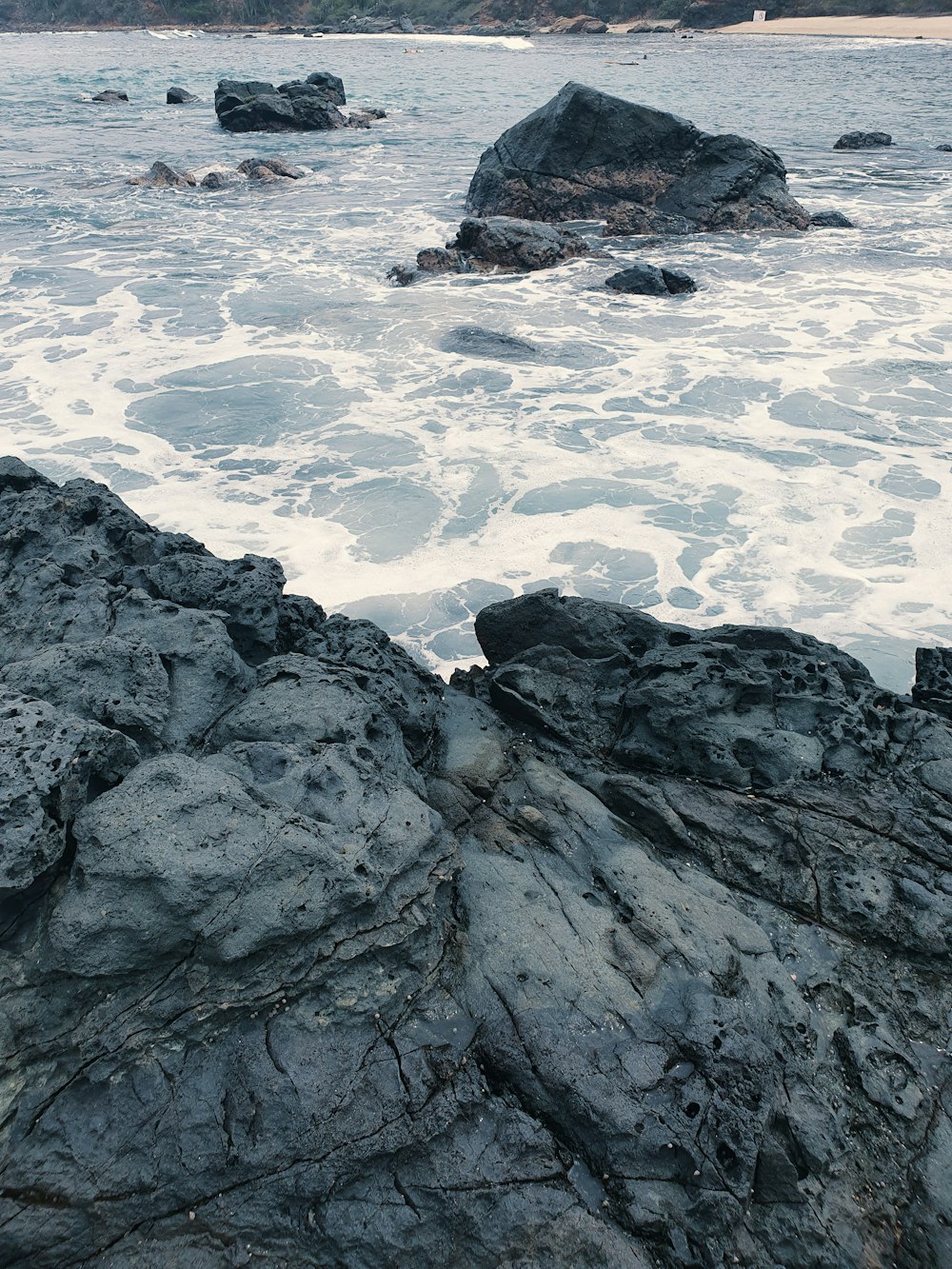 海の近くの岩の上に座っている人