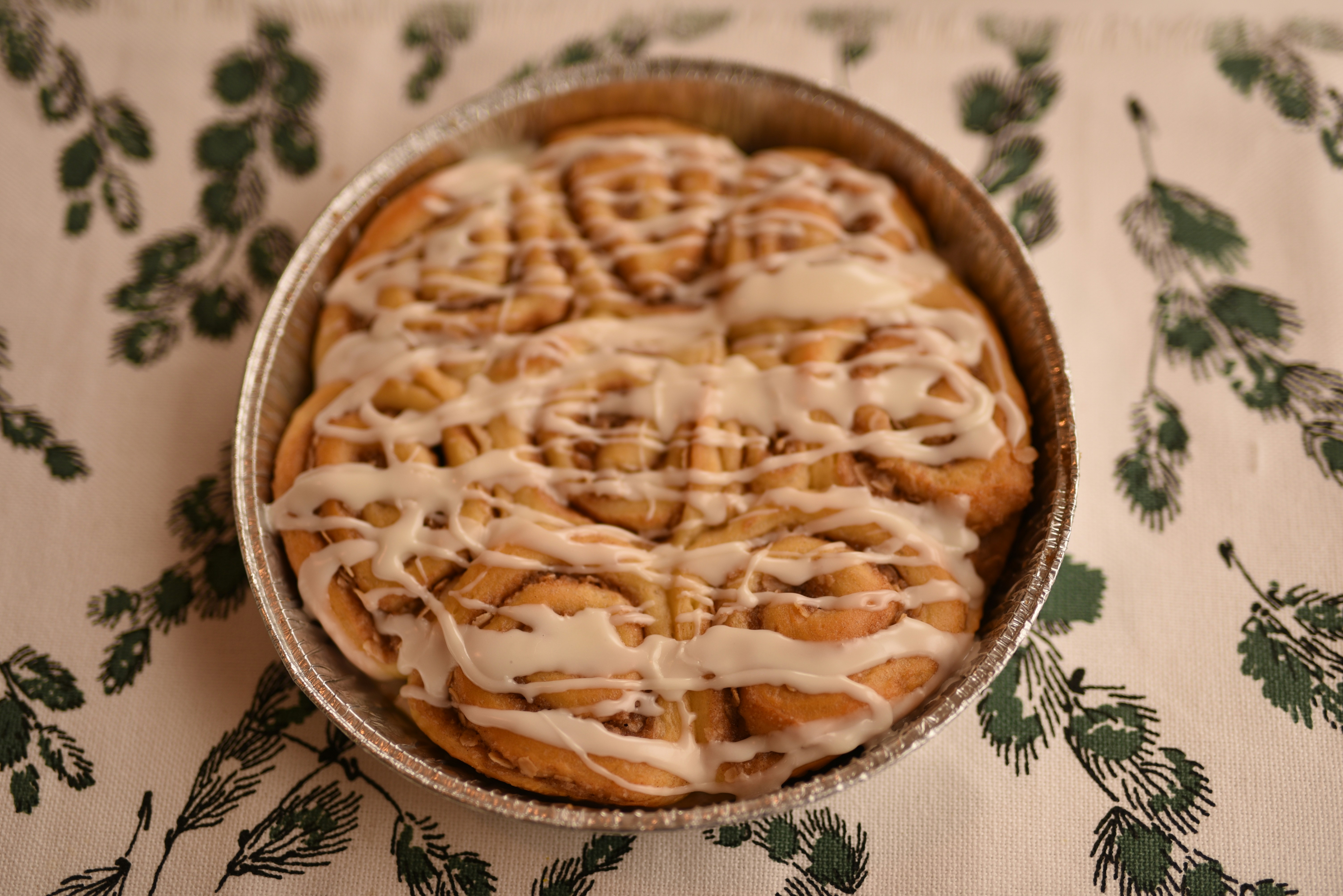 Pan of iced cinnamon rolls