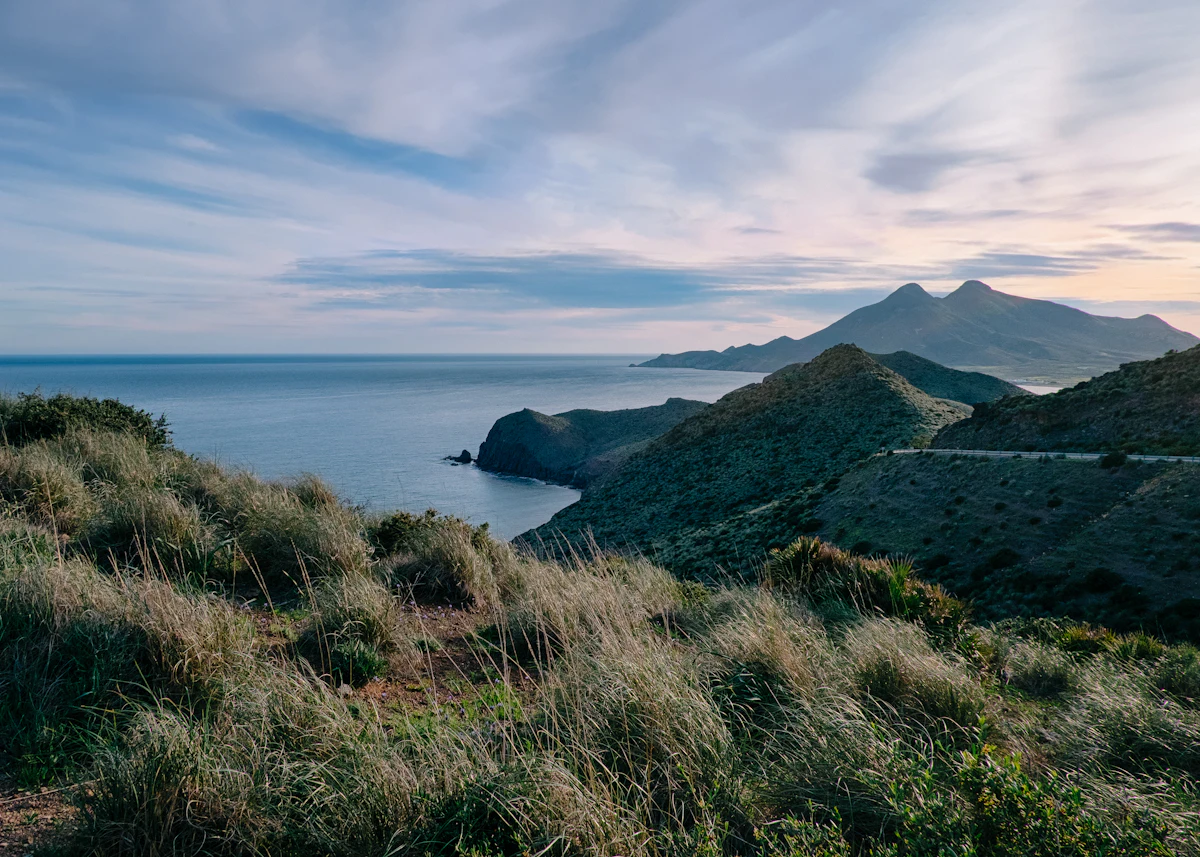 Grassy headlands above the sea at Cabo de Gata, with a peak on the horizon