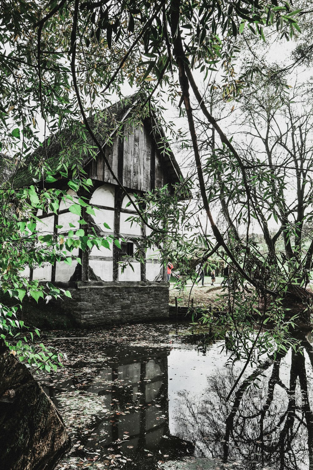 white and grey house near lake