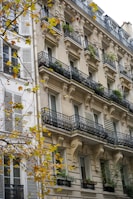 A multi-story residential building with classic French architectural elements including ornate iron balconies and stone carvings. Several windows have closed shutters and small plants decorate the balconies. In the foreground, a tree with autumn-colored leaves partially obscures the view of the building.