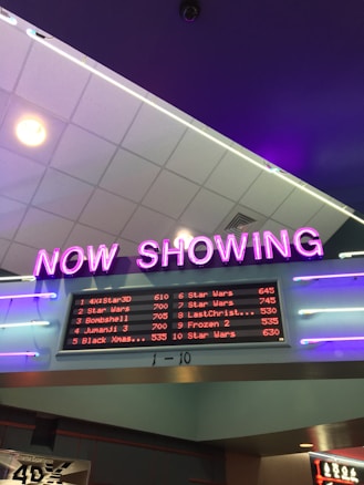 A neon sign with the words 'NOW SHOWING' is prominently displayed above a digital board listing movie showtimes. The board features movies such as Star Wars, Bombshell, and Jumanji 3, along with their respective times. The overall setting suggests a movie theater lobby with ambient neon lighting.
