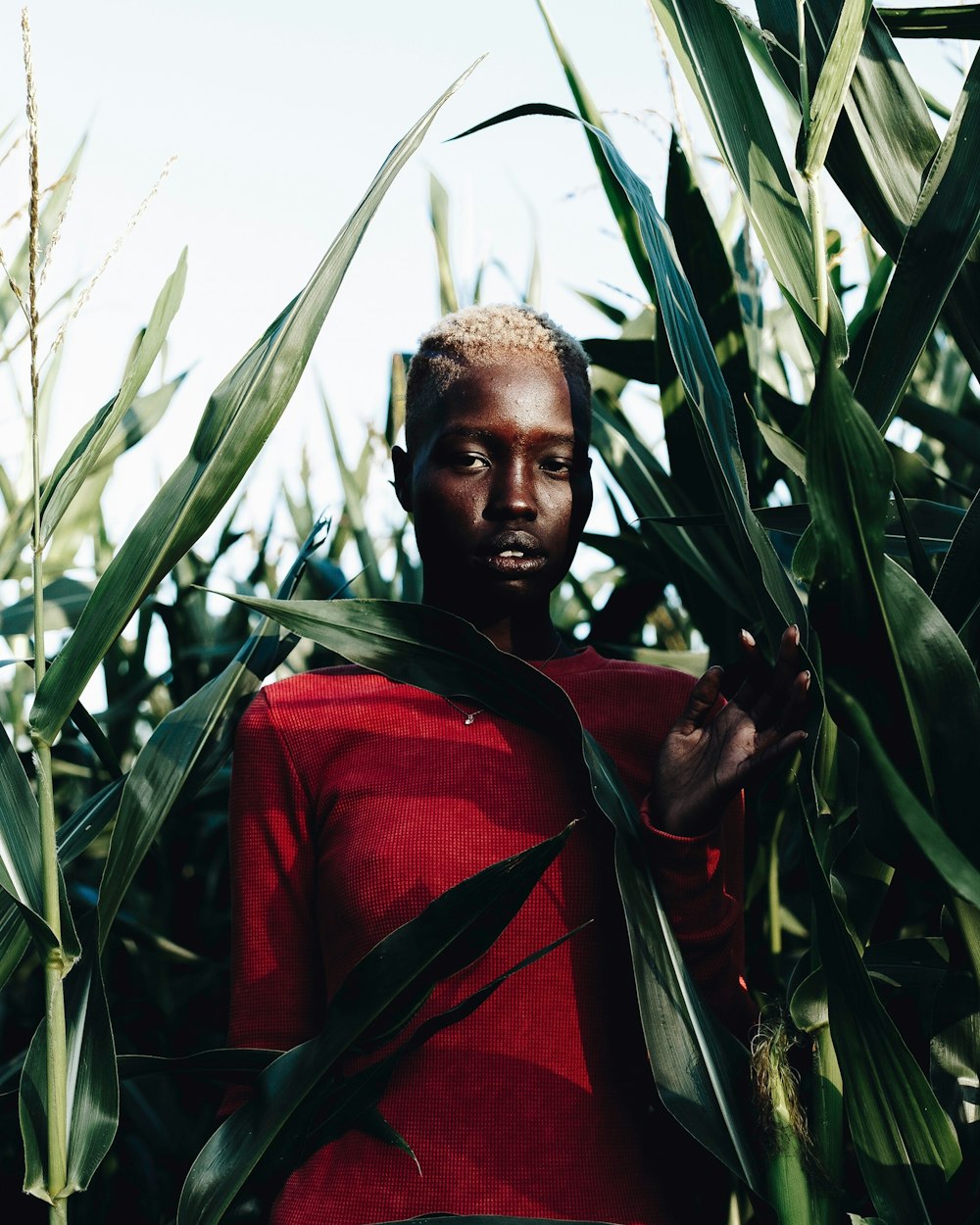 selective focus photography of man behind green plants