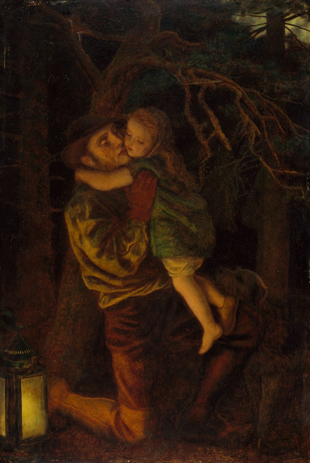 father and child beside bare tree painting