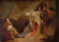 A group of figures in historical clothing, some kneeling and others standing. The scene appears dramatic, with gestures indicating a possible confrontation or plea. The setting is dimly lit and seems to be indoors with stone walls. The characters are dressed in robes and garments that suggest a historical or theatrical context.