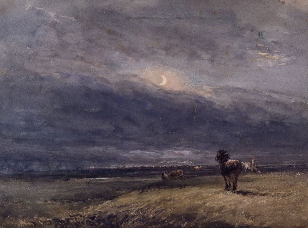 a painting of a horse standing in a field