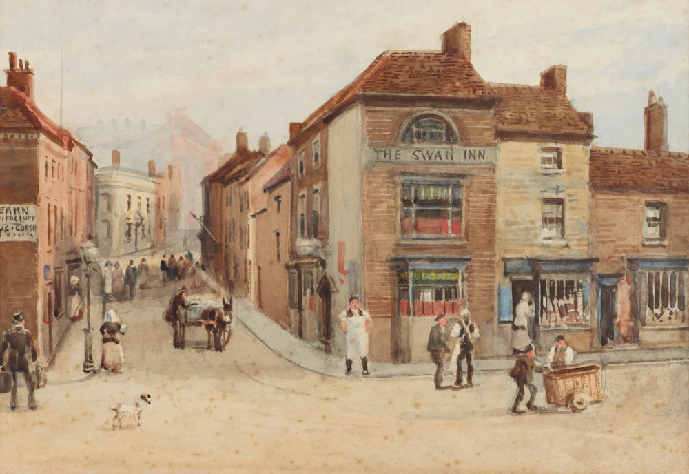 una pintura de una escena callejera con un caballo y un carruaje