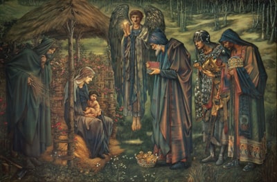 birth of jesus christ with three kings and angel painting christianity google meet background